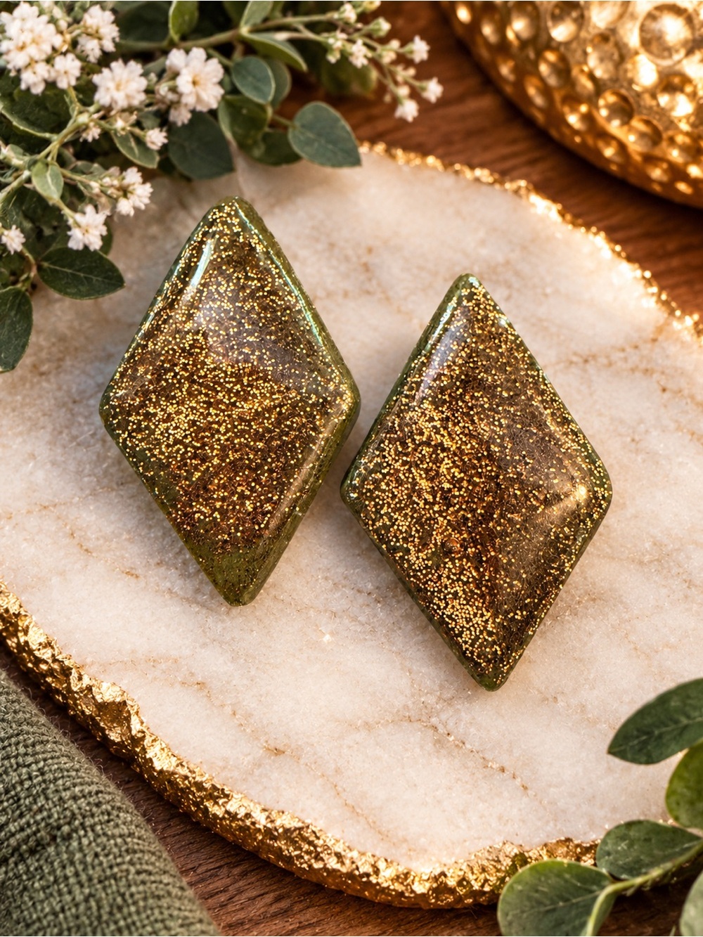 Gold Glitter Green Diamond Stud Handmade Polymer Clay Earrings